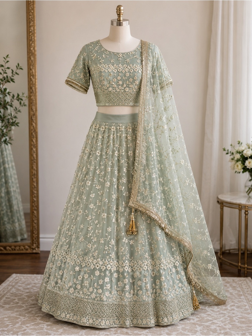 House of Indya Sage Embroidered Lehenga Set | US 12 | Worn Once